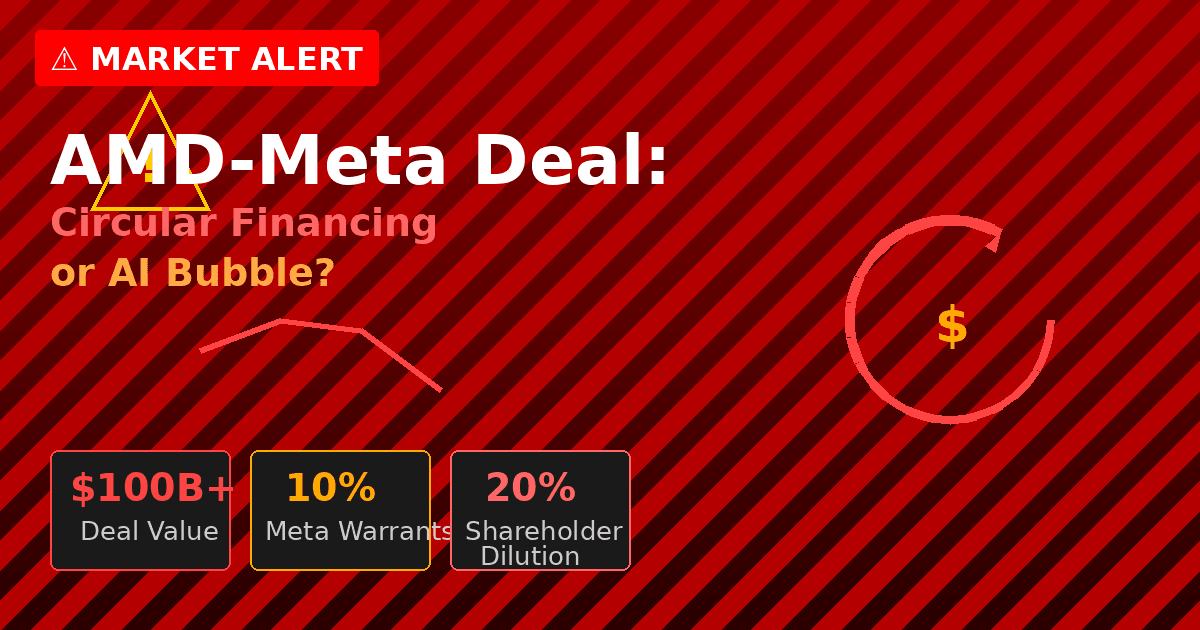 AMD grants Meta 160M share warrants (10% stake) for $100B+ AI chip deal. Second identical structure in 4 months raises circular financing and AI bubble concerns. Critical analysis for tech investors
